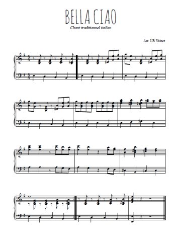 Téléchargez l'arrangement pour piano de la partition de Bella ciao en PDF, niveau moyen
